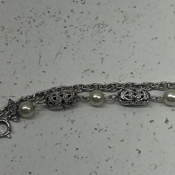 VTG Sarah Coventry Filigree Lady Silver Tone Faux Pearl Necklace 44” Long Chain - Picture 8 of 10